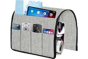 Joywell Thick Linen Sofa Armrest Organizer, Armchair Caddy 6 Pockets Remote Holder on Couch & Chair Arm for TV Remote Control, Magazine, Books, Cell Phone, iPad, Light Grey