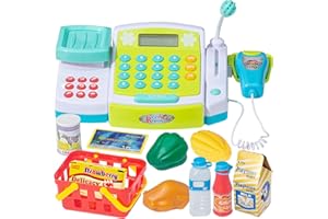 HYAKIDS Grande Registratore di Cassa Giocattolo, Gioco Cassa Supermercato Bambini con Microfono, Scanner, Negozio Giocattolo Gioco di Ruolo Regalo per Bambini 3+ Anni