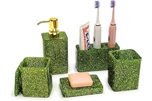 Suanti Juego de accesorios de baño, 5 piezas de resina verde salvia para decoración de baño con dispensador de loción, jabonera, soportes para puntas Q, artículos esenciales para el baño nuevo hogar
