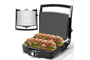 Baker's Friend Panini Press Sandwich Maker, Griddle Press, Electric Griddle Indoor, Panini Maker Cast Iron, Family Gifts for Home, Stainless Steel, Browning Control, 4-Slices, UK Plug