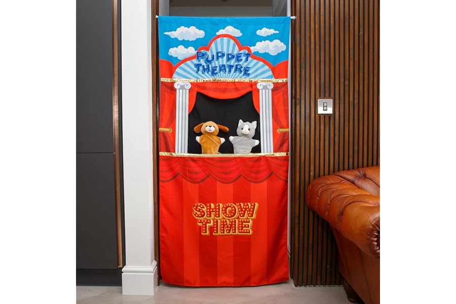 Hanging Doorway Puppet Theatre, Includes 2x Plush Toy Hand Puppets, Adjusts to Fit Any Doorway 50-88cm, Kid's Pop-Up Play Puppet Show, Children's Roleplay & Educational Toys for Imaginative Play