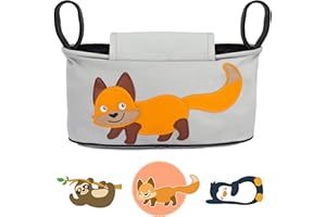 GLÜCKSWOLKE Kinderwagen Organizer - 12 Motive, Kinderwagentasche verschließbar, Kinder Buggy Tasche mit Feuchttuchspender, Aufbewahrungstasche, Baby Zubehör mit Fuchs (Willi Wildfuchs, Grau)