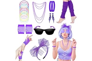 BEAMELY Accessori per costumi anni '80, abiti in stile anni '80, set e kit per feste per donne, scaldamuscoli al neon collane, braccialetto, guanti a rete in pizzo, archetto, orecchini, occhiali da sole