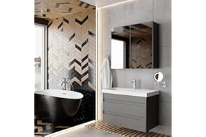 KAREN banyo Lara 80 Bathroom Furniture Set, Anthracite, Ceramic Sink, Base Cabinet, Mirror Cabinet, Soft-Close Drawers & Doors & Invisible Handles, Modern Style, Bathroom Furniture Washbasin