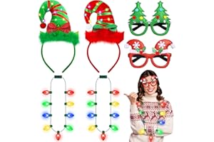 Aodaer 6 Pieces Christmas Necklace Headband Glasses Set LED Light Up Santa Hat Headwears Eyeglasses Strip Bulb Necklace Christmas Party Favors