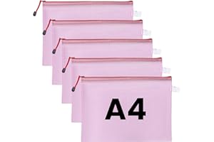 AKHTART 5Pcs A4 Plastic Wallets File Bags, A4 Document Wallets with Zipper, Document Folder, Zip Lock Bags, Document Zipper Bags, Zip Plastic Folder for School, Travel, Home, Office (Pink)