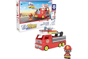 TILE TOWN Firetruck Magnetic Tiles Building Vehicle Playset With Lights & Sounds + Figure, Kids 3-5+, New ACTION TILES for Action Play, Realistic Builds, STEM Creative Toy, Great Gift for Boys & Girls