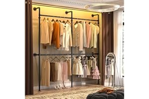 Aheaplus Industrial Pipe Clothing Rack, Reversible 6.75FT Clothes Rack for Hanging Clothes, Heavy Duty Garment Racks, Wall Mounted Closet Wardrobe Racks, Corner L Shaped Walk-in Closet System, Black