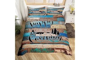 Manfei Camping Abenteuer Bettbezug Set L Größe,Camper RV Anhänger Dekor Bettwäsche Set Kinder Jungen Mädchen,Retro Holz Plank Cottage Tröster Abdeckung,Rustikale Bauernhaus Quilt Cover,2 Kissenbezug