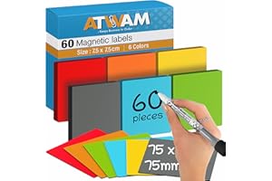 ATWAM 60 Magnetic Strips writable - Magnetic Labels 75 x 75mm - 6 Colors - Scrum & Kanban - Magnetic Notes - Whiteboard Strips for Magnetic Board, Magnetic Wall & Fridge