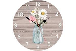 Toudorp Kitchen Wall Clock 8 Inch Battery Operated Vintage Round Wooden Wall Clocks Classic Flowers in Glass Bottle Style Pattern Art Decor Silent Wall Clock for Home Office Decoration