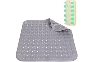 BESTOMROGH Duschmatte Rutschfest mit Schuhbürste 48*48 cm Rutschfest Duscheinlage mit Saugnäpfen Badematte für Die Dusche BPA-frei Antischimmel & Antibakteriell waschbare Rutschmatte aus PVC (Dunkelgrau)