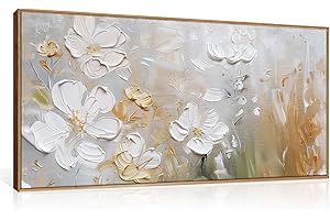 HPNIUB Large Hand-Painted White Flower Framed Wall Art Modern White and Gold Floral Canvas Oil Painting Nature Botanical Wall Decor Abstract Aesthetic Artwork for Living Room Bedroom Decor -20"x40"