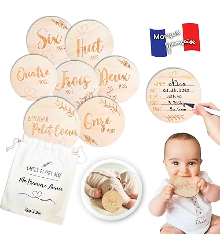 Ensemble 14 Cartes Étapes Bébé Bois 1 à 12 Mois - Kit Souvenirs Naissance Avec Trépied Et Pochon (Français)