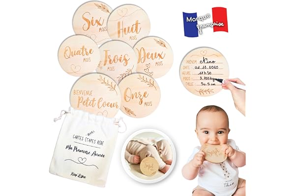 Keep’Love Cartes Étapes Bébé en Bois en FRANÇAIS, Première Année Mois par Mois, Cadeau Naissance, Souvenir, Idée Cadeau Future Maman Baby Shower, 7 Cartes en Bois Recto-Verso + Pochon en lin OFFERT