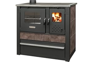 ProTermo Kaminofen Panonia in Mokka mit Abzug Links - 10,54 kW Heizleistung - 90x51x85 cm Holzofen mit Backfach und Herdplatte ohne selbstschließender Tür - Bauart 2