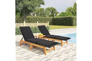 Yolola 3-Teiliges Sonnenliege Set, 4 verstellbaren Rückenlehnen, Relaxliege für Mittagspause mit Beistelltisch, Akazien Holz Gartenliege wetterfest, Balkon liegestuhl, Schwarz und Braun