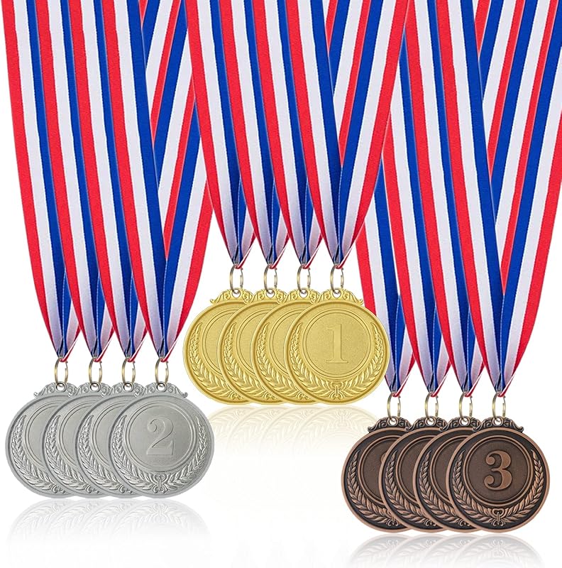 Donrime Medallas para NiñOs, 12 Piezas Medallas de Metal Dorado Plateado Bronce Ganador con Cintas, Premios del Día Deportivo, Competiciones de Juegos, Regalos de Fiesta para NiñOs Adultos