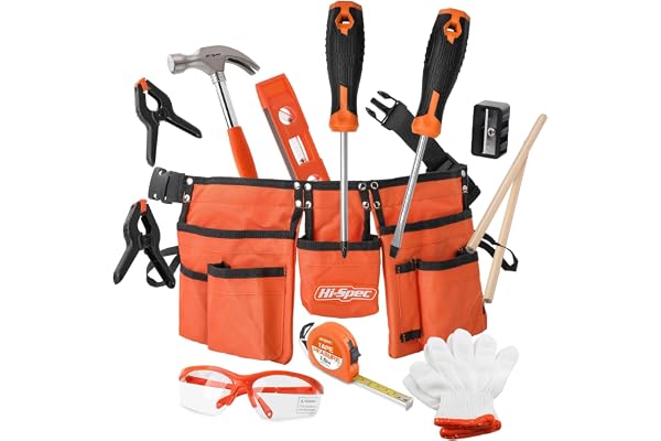 Ceinture à Outils pour Enfants Hi-Spec - Kit Complet de 16 pièces avec Gants pour Enfant, Lunettes de sécurité et Vrais Outils manuels pour établi - Ceinture Porte- Pratique et sûre Outil