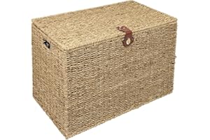 Woodluv Natural Seagrass Lidded Trunk, Toy Box Chest, Storage Basket, Handwoven Organiser - Large