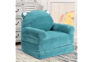 BYBYME Kids Fold Out Chair Bed - Foldable Toddler Chair Lounger for 1-3 Year Old Children - Cute Folding Sofa Bed Couch Armchair for Playroom Bedroom (Blue)