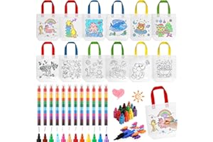 YeahBoom Taschen zum Bemalen für Kind, 12 Stück stoffbeutel, 12 Farben Stapelbare Wachsmalstifte, DIY Graffiti Non-Woven Stoffbeutel Set