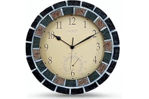 OCEST 25.4 cm Analoge Uhr für den Innenbereich, wasserdichte Wanduhr mit Thermometer, Wetterbeständigkeit, nicht tickend, batteriebetrieben, Dekor-Uhr für Terrasse, Pool, Lanai, Garten, Badezimmer