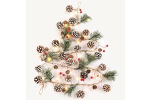 SHareconn 2 Pcs 6 Pied Guirlandes de Noël Artificielles avec Lumières Pré-éclairées, Pommes de Pin Enneigées et Baies Rouges pour Cheminée, Escaliers,Décoration de Noël Intérieure et Extérieure,Neige