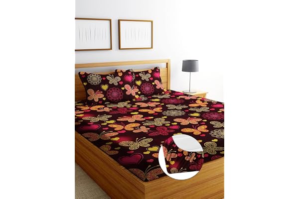 DECORUM Glace Cotton Fitted 1 Bedsheet King Size (72"x78") All Around Elastic Cotton Feel 2 Pillow Covers (17"x27") Fits Up to 8" Mattress 200-220 TC Printed Double Bed Sheet Set