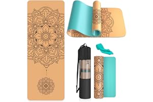 Haninj Eco-Friendly Cork Yoga Mat Non Slip Unique Design Natural Cork TPE Exercise Mat with Carry Bag and Strap For Home, Pilates,Aerobic,Gym & Workout 72 X 24