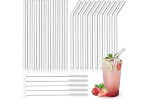 PEAKTOP Lot de 20 Pailles en Verre, Pailles Transparente, Pailles Transparente Courbées et Droites avec 5 Brosses, Pailles Saines Bon pour L'environnement, Pailles Courbées pour Smoothies, L’eau, Boissons