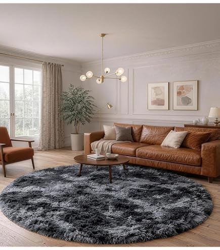 Tapis Rond Moelleux Shaggy Antidérapant Pour Salon Ou Chambre - Gris Clair 120 Cm