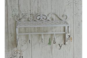 EURONOVITÀ SRL Euronovità EN-222241 Mensola con 5 Appendini Stile Shabby in Ferro Battuto,colore Panna.. H 22.5 X 35.5 X 18