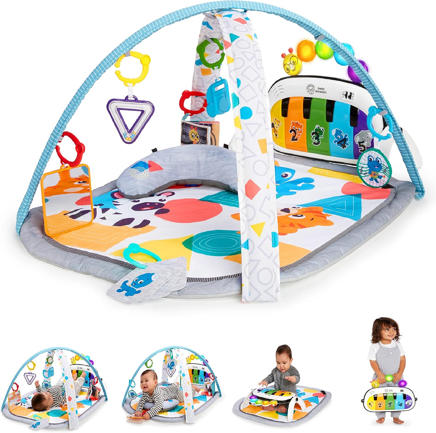 Baby Einstein, Tapis Musical D’Éveil pour Bébé 4 en 1 Kickin' Tunes avec Piano, 70+ sons, 25+ min de musique et lumières, arche de jue,7 jouets d'activité amovibles, 4 langues, dès la naissance