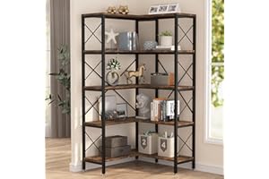 Tribesigns 5-Regal-Eck-Bücherregal, großes modernes Eck-Bücherregal, 5-stöckiges hohes Eckregal, Aufbewahrungsregal mit Metallrahmen für Wohnzimmer, Heimbüro (rustikales Braun)