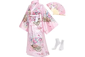 Elibelle Japanese Anime Women's Kimono Robe Geisha Yukata Sweet Dress Blossom Satin Bathrobe Sleepwear Fans Tabi Socks set