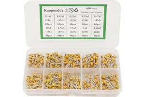 RAOGOODCX 600Pcs 10Value Ceramic Capacitor Assortment Kit 0.1uf-10uf 50V DIP Monolithic Multilayer Chip Capacitors for Hobby Electronics, Audio-Video Project Electronic Repair