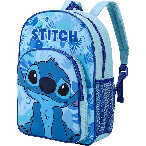 Official STITCH School Backpack - 3D Design, Adaptable To Trolley, Padded Shoulder Straps, 27x10x33 Cm, Blue
