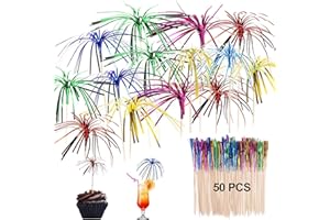 KKVOGMLE Pack of 50 Drinks Fireworks Decoration, Colour Fireworks Bamboo Skewers, Cocktail Decoration, Decoration of Fruit Bamboo Skewers, Glitter Palm Trees, Cocktail Skewers for Birthday, Holiday, Bar