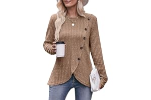 Jabeiyou Haut Femme Col Rond Automne Hiver Chic et Elegant Chaud Brossé Manche Longue Pull Casual Long Chemise Bouton Décoratif Tee Shirt Basique Top Taille S-XXL