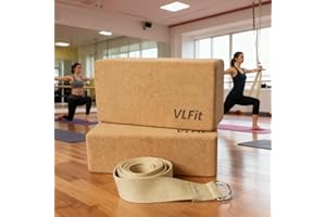 VLFit Lot de 2 blocs de yoga en liège - Avec sangle 00% coton - Respectueux de l'environnement - Fabriqué en liège naturel - Lot de 2 blocs et sangle et une sangle de yoga à boucle en D