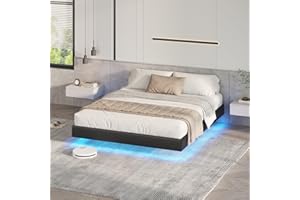 DICTAC Lit 140x190 cm Design Flottant avec Éclairage LED, Cadre de Lit 140x190 avec Sommier à Lattes en Bois et Structure en métal, Lits 2 Personnes sans tête de lit, Lits Double Noir