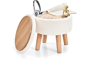 BRIAN & DANY Footstool with Storage, Small Storage Ottoman, Teddy Fleece Round Stool with Lid, Sherpa Foot Stool with Legs for Living Room Entryway, White