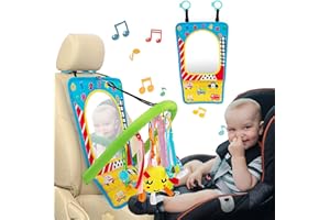 beetoy Baby Car Seat Toy for 0 6 12 months, Baby Travel Toys for Car with Large Mirror/Arch Pram Toys/Crinkle Mat to Play and Kick, Adjustable Sensory Car Toys for Babies Journeys Entertainment Toy
