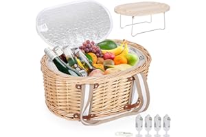 Zettfuly Picknickkorb-Set für 4 Personen – Isolierter Weidenkorb mit klappbarem Weintisch, Picknickset mit Innenfutter für Paare, Camping, Outdoor, Valentinstag (Blatt)