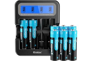 Kratax 1.5 V AA Rechargeable Lithium Battery, 3500 mWh High Capacity, Max 3A Current，1600 Long Cycles, 8 x AA Lithium Batteries with Black LCD Charger, for Blink Camera VR/AR Headset Xbox Controller