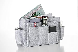 hausleben Bettasche (Hellgrau) | Sofa und Bett Organizer aus dickem Filz | Anti-Rutsch Aufbewahrungstasche | Nachttisch Tasche | Hängeaufbewahrung für Handy, iPad, Brille, Buch