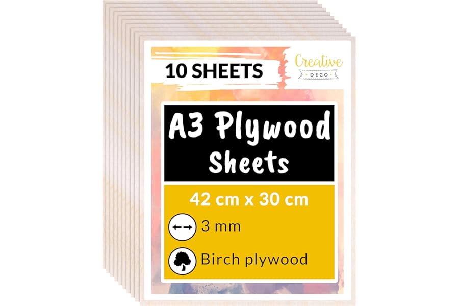 Creative Deco 10 x A3 Birch Plywood Sheets | 420 x 300 x 3mm Baltic Wood Ply | Perfect Board for Wood DIY Home Decor, Arts, Craft, Painting, Laser Cutting, CNC, Scroll Saw, Stenciling Pyrography