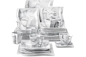 MALACASA Dinner Sets for 6 People, 30-Piece Porcelain Square Plate and Bowls Set Marble Grey Dinnerware Set Tableware with Dinner Plates/Dessert Plates/Soup Plates/Cups and Saucers, Series Flora