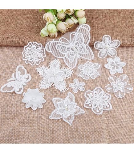 Weiße Blumen-Spitzenstoff-Aufnäher – 6 Paar (12 Stück) – Für Hochzeitskleider, DIY & Deko